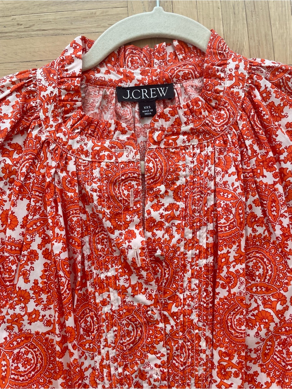 J. Crew Coral and White Printed Dress with long puff sleeves, lined. Size XXS - Picture 2 of 5